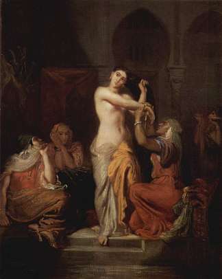 后宫内部，君士坦丁的窝囊团从浴缸里出来 Interior of the harem, womam of Constantine coming out of the bath (1854)，狄奥多·夏塞希奥
