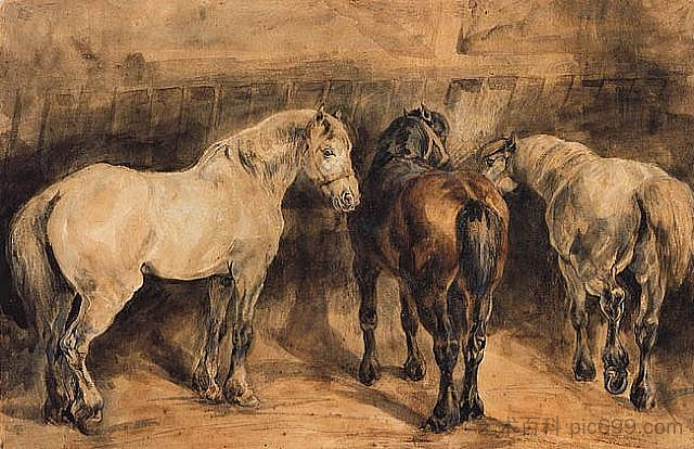 马厩里的三匹马 Three horses in their stable (c.1822 - c.1823)，西奥多·杰利柯