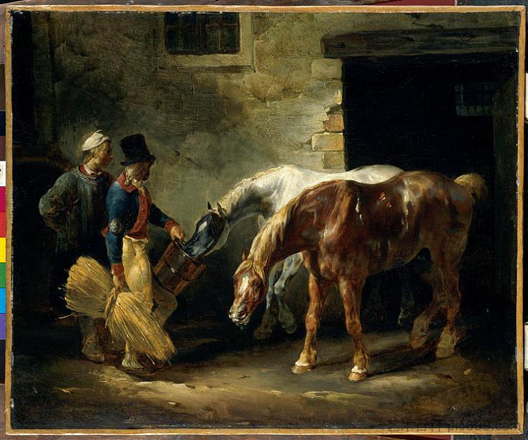 马厩里的两匹驿马 Two post-horses at the stable (c.1823)，西奥多·杰利柯