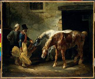 马厩里的两匹驿马 Two post-horses at the stable (c.1823)，西奥多·杰利柯