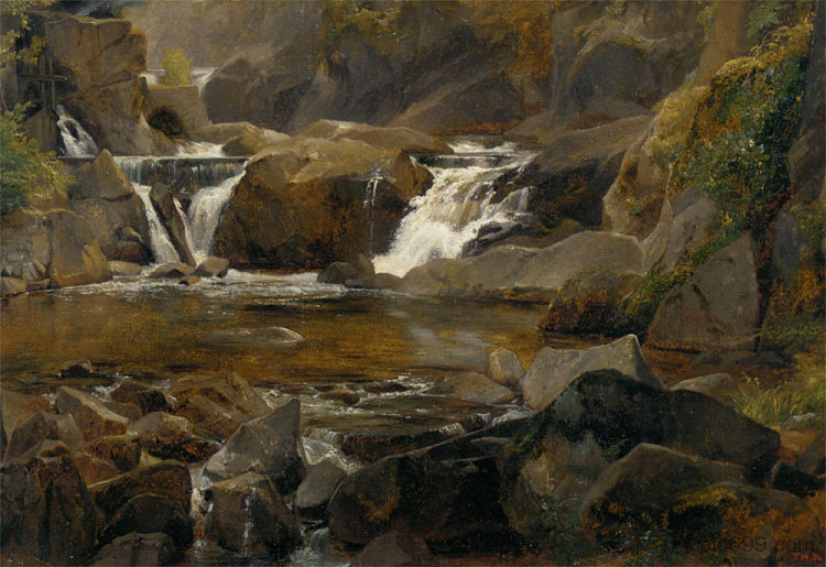 奥弗涅有水坝的溪流 A stream with dam in Auvergne (1830; France  )，西奥多·卢索