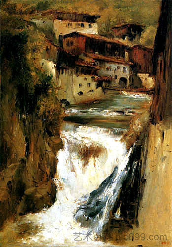 梯也尔的瀑布 A waterfall in Thiers (c.1830; France  )，西奥多·卢索