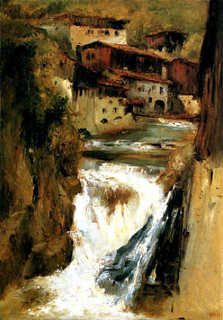 梯也尔的瀑布 A waterfall in Thiers (c.1830; France                     )，西奥多·卢索