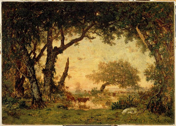 走出枫丹白露森林，日落 Coming Out of the Forest of Fontainebleau, Sunset (1848 - 1849)，西奥多·卢索