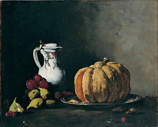 静物与南瓜，李子，樱桃，无花果和水壶 Still Life with Pumpkin, Plums, Cherries, Figs and Jug (1860)，西奥多勒里波特