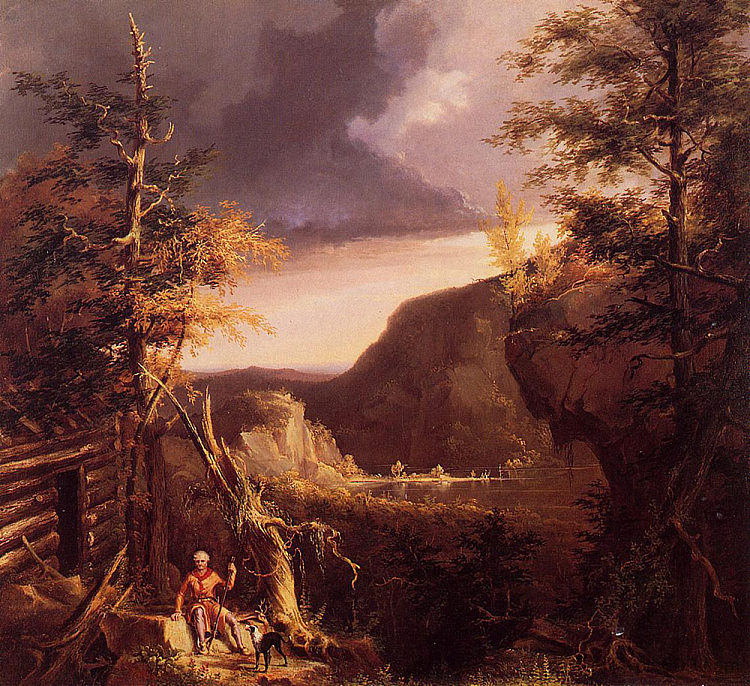 丹尼尔·布恩坐在大奥塞奇湖上的小屋门口 Daniel Boone Sitting at the Door of His Cabin on the Great Osage Lake (1826)，托马斯·科尔