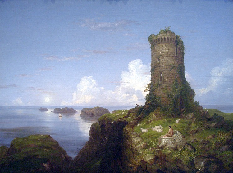 意大利海岸风光与废墟塔 Italian Coast Scene with Ruined Tower (1838)，托马斯·科尔