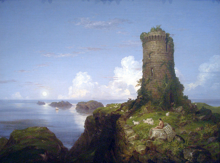 意大利海岸风光与废墟塔 Italian Coast Scene with Ruined Tower (1838)，托马斯·科尔