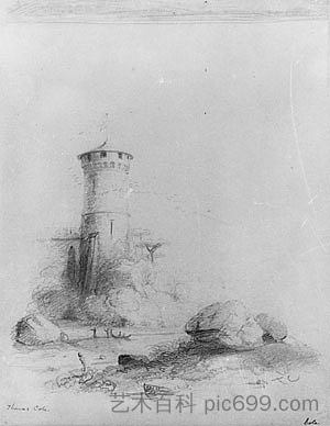 景观与塔(来自麦奎尔剪贴簿) Landscape with Tower (from McGuire Scrapbook),托马斯·科尔
