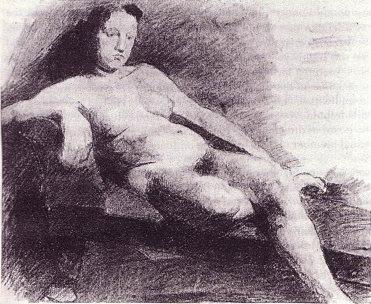 裸体女人斜倚在沙发上 Nude woman reclining on a couch (c.1863)，托马斯·伊肯斯