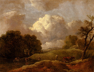 牛群和牧羊人的广阔景观 An Extensive Landscape With Cattle And A Drover，托马斯·庚斯博罗