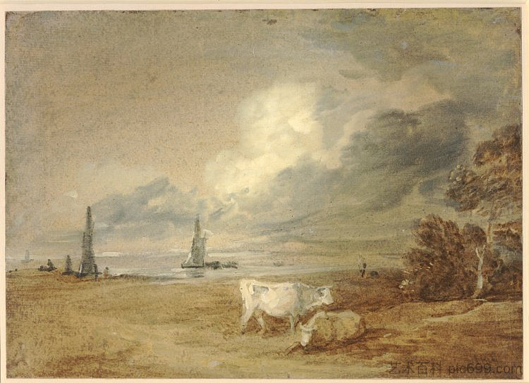 沿海风光与航运，人物和奶牛 Coastal scene with shipping, figures and cows，托马斯·庚斯博罗