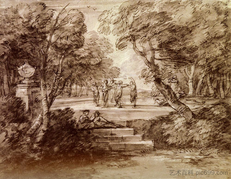 舞者与音乐家在林地峡谷 Dancers With Musicians In A Woodland Glade (1733)，托马斯·庚斯博罗