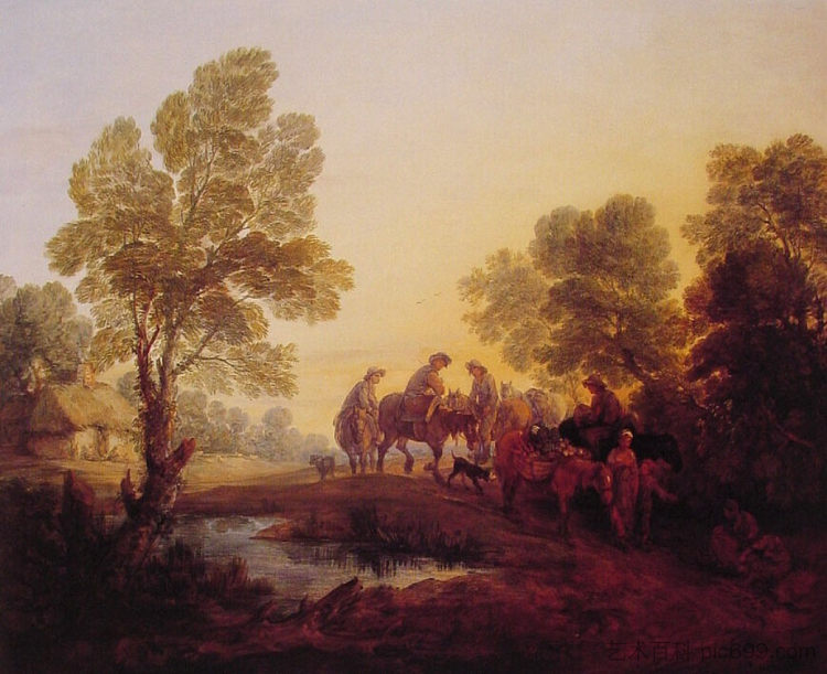 傍晚风景农民和骑马人物 Evening Landscape Peasants and Mounted Figures (c.1768 - c.1771)，托马斯·庚斯博罗