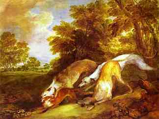 猎狐狸的灵缇犬 Greyhounds coursing a fox (1784 – 1785)，托马斯·庚斯博罗