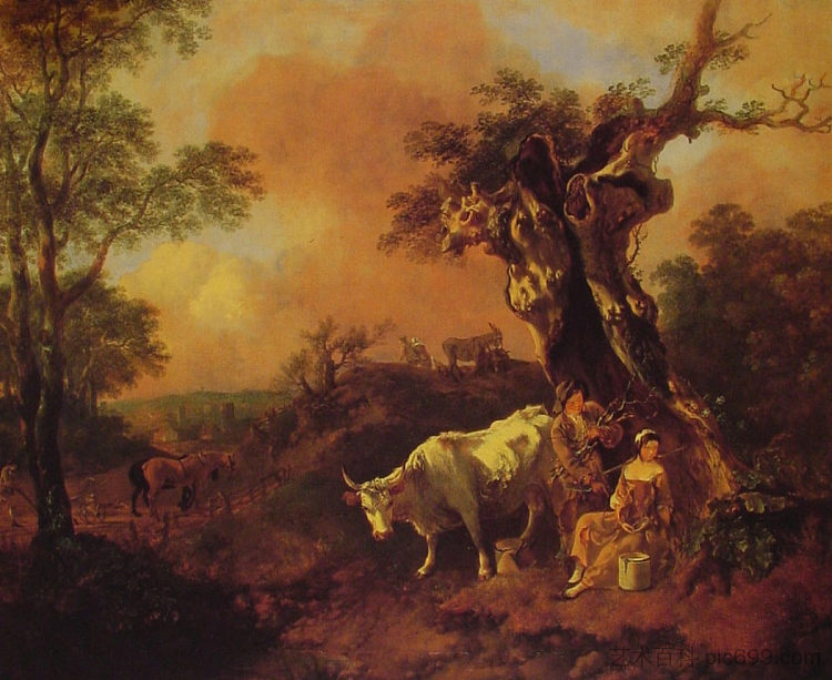 樵夫和挤奶女工的风景 Landscape with a Woodcutter and Milkmaid (1755)，托马斯·庚斯博罗