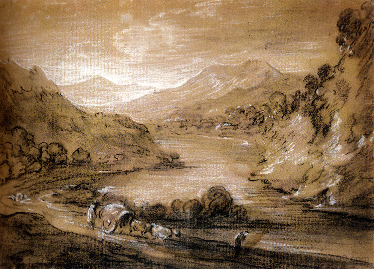 带推车和人物的山地景观 Mountainous Landscape With Cart And Figures，托马斯·庚斯博罗