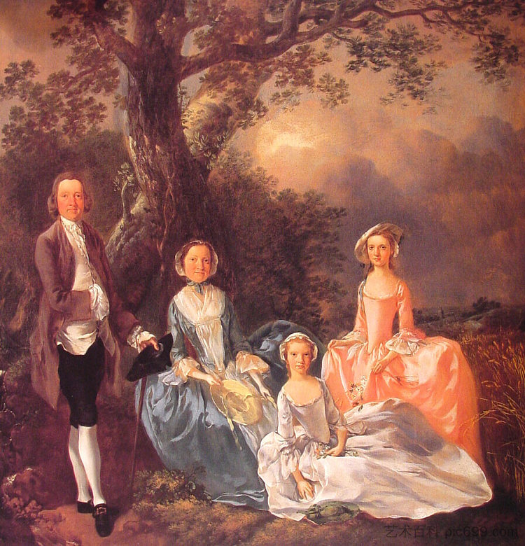 约翰·格雷夫诺夫妇和他们的女儿伊丽莎白和安 Mr. and Mrs. John Gravenor and their Daughters, Elizabeth and Ann (c.1752 - 1754)，托马斯·庚斯博罗