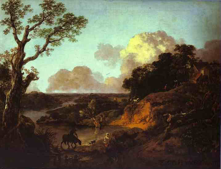 河流景观与质朴的恋人 River Landscape with Rustic Lovers (c.1754 - c.1756)，托马斯·庚斯博罗