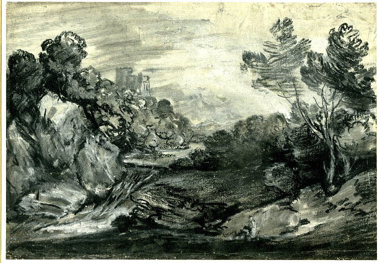 岩石树木繁茂的景观与瀑布,城堡和山脉, Rocky wooded landscape with waterfall, castle and mountain,,托马斯·庚斯博罗