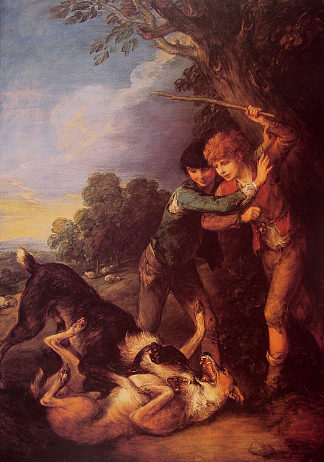 两个牧羊男孩与狗打架 Two Shepherd Boys with Dogs Fighting (1783)，托马斯·庚斯博罗