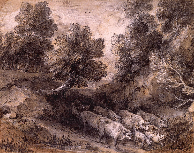 树木繁茂的景观与牛和山羊 Wooded Landscape with Cattle and Goats (c.1768 - c.1772)，托马斯·庚斯博罗