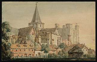 东北部的罗切斯特大教堂，远处的城堡 Rochester Cathedral from the North East, with the Castle Beyond (1797)，托马斯·格尔丁
