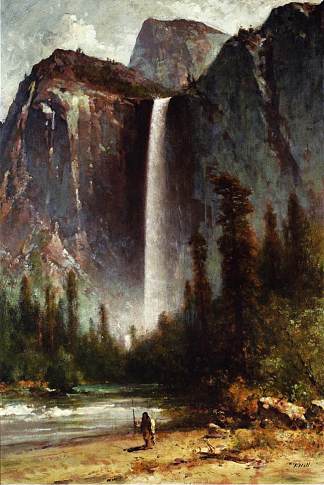 Ahwahneechee – Piute Indian at Bridal Veil Falls， Yosemite Ahwahneechee – Piute Indian at Bridal Veil Falls, Yosemite，托马斯·希尔