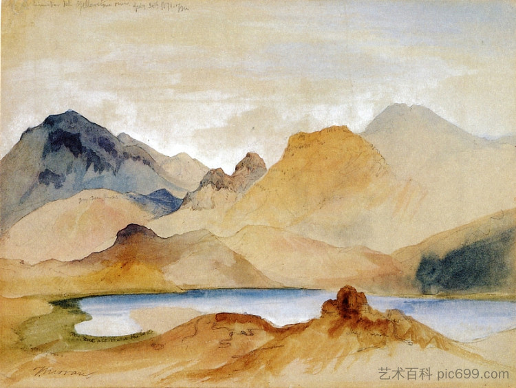 朱砂山，黄石河（水彩） Cinnabar Mountain, Yellowstone River (watercolour) (1871)，托马斯·莫兰