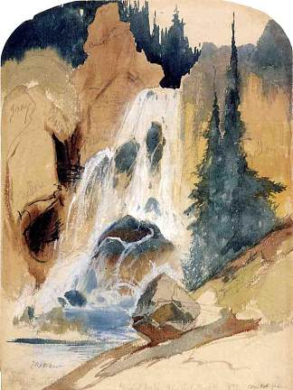 水晶瀑布（水彩） Crystal Falls (watercolour) (1871)，托马斯·莫兰