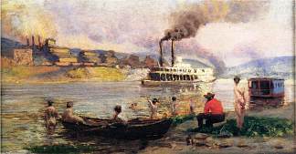 乞丐和她的孩子汽船在俄亥俄州的访问 The Visit of the Beggar and her Child Steamboat on the Ohio，托马斯·波洛克·安舍茨