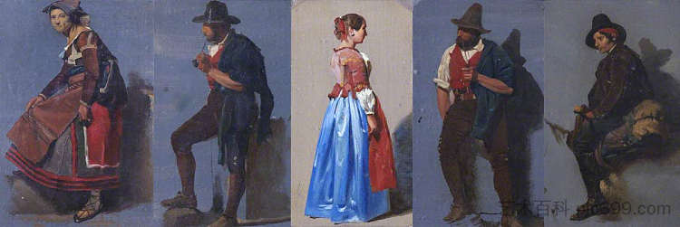意大利人物的五项研究 Five Studies of Italian Figures (1850),托马斯·斯图尔特·史密斯