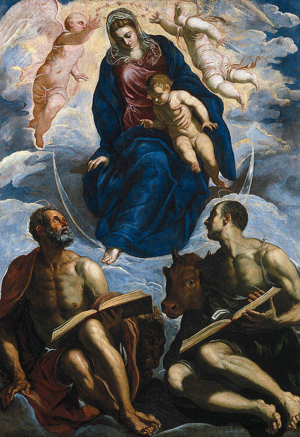 玛丽与圣马克和圣路加崇敬的孩子 Mary with the Child Venerated by St Marc and St Luke,丁托莱托