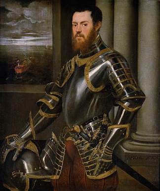 穿着金色盔甲的年轻人 Young man in a gold decorated suit of armour (1555 – 1556)，丁托莱托