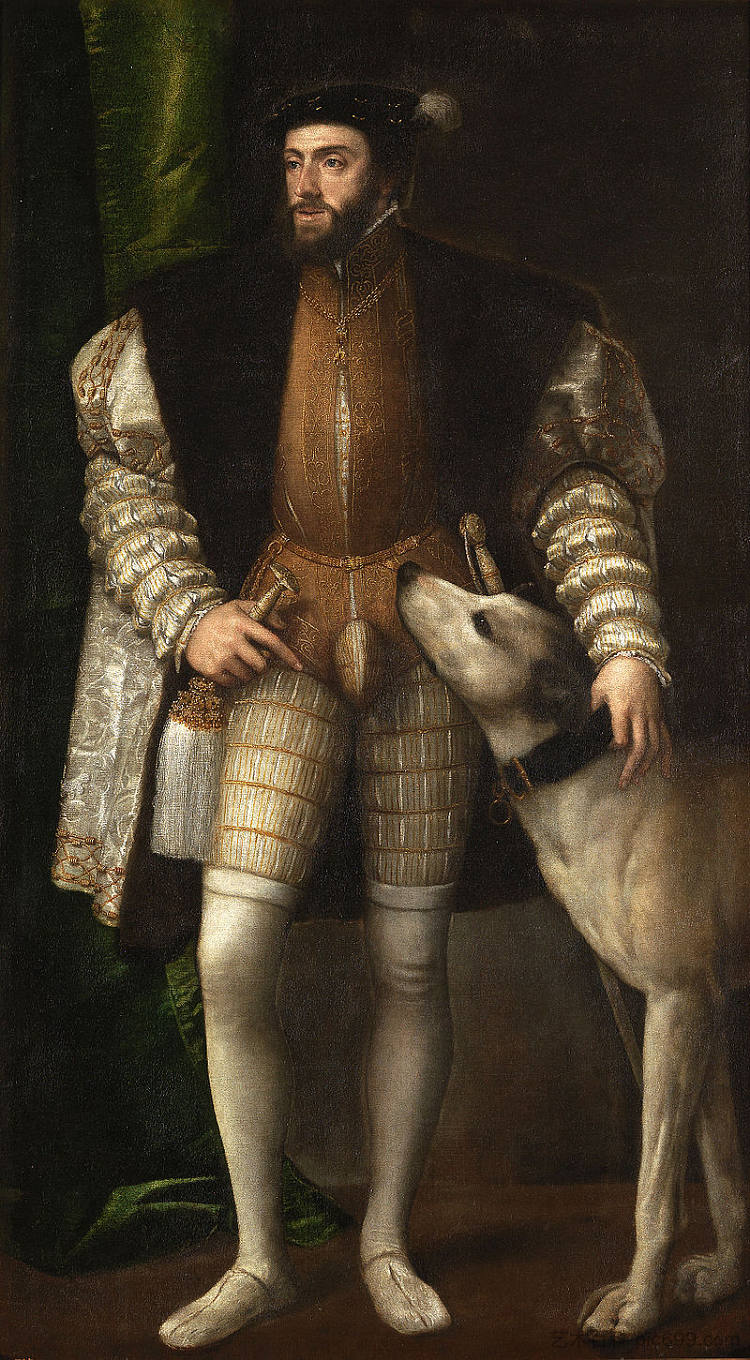 皇帝查理五世与狗的肖像 Portrait of Emperor Charles V with dog (1532 - 1533)，提香·韦切利奥