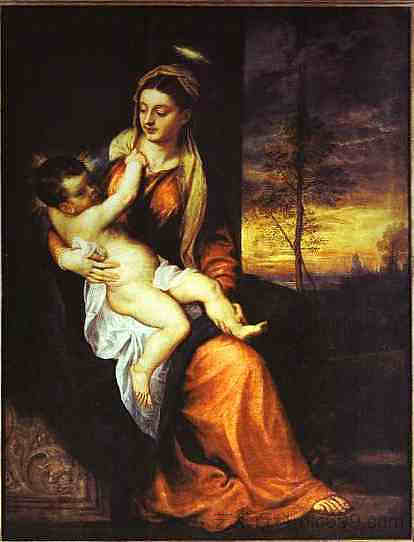 晚间风景中的麦当娜和孩子 Madonna and Child in an Evening Landscape (1562 - 1565)，提香·韦切利奥