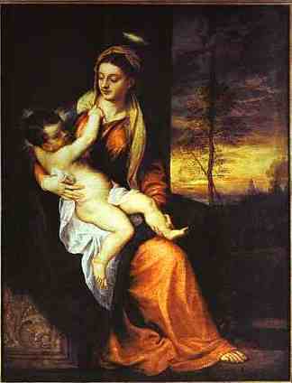 晚间风景中的麦当娜和孩子 Madonna and Child in an Evening Landscape (1562 – 1565)，提香·韦切利奥