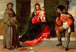 麦当娜和孩子与帕多瓦和罗克的圣安东尼 Madonna and Child with Sts Anthony of Padua and Roch (c.1511)，提香·韦切利奥