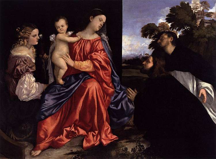 麦当娜和孩子与圣凯瑟琳和多米尼克以及捐赠者 Madonna and Child with Sts Catherine and Dominic and a Donor (1512 - 1516)，提香·韦切利奥