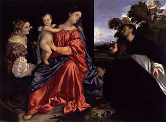 麦当娜和孩子与圣凯瑟琳和多米尼克以及捐赠者 Madonna and Child with Sts Catherine and Dominic and a Donor (1512 – 1516)，提香·韦切利奥