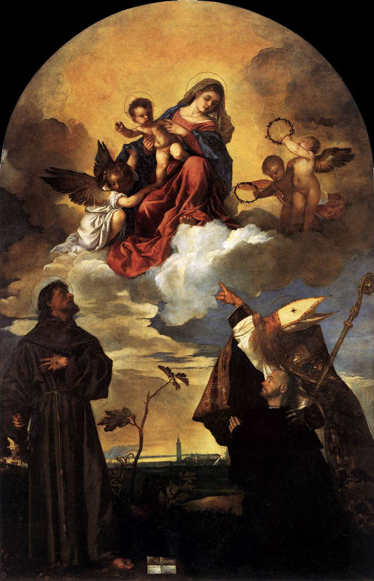 麦当娜与圣婴和圣弗朗西斯和阿尔维斯与捐赠者的荣耀 Madonna in Glory with the Christ Child and Sts Francis and Alvise with the Donor (1520),提香·韦切利奥