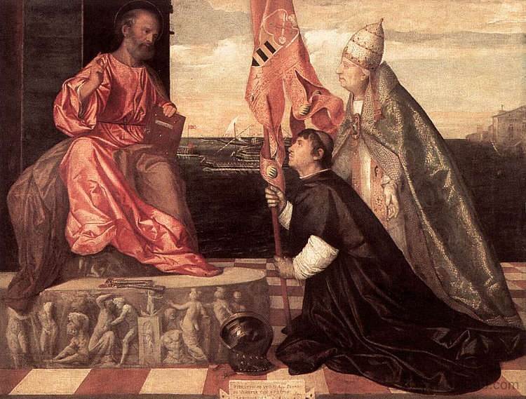 教皇亚历山大四世向圣彼得赠送雅各布·佩萨罗 Pope Alexander IV Presenting Jacopo Pesaro to St Peter (1503),提香·韦切利奥