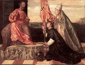 教皇亚历山大四世向圣彼得赠送雅各布·佩萨罗 Pope Alexander IV Presenting Jacopo Pesaro to St Peter (1503)，提香·韦切利奥