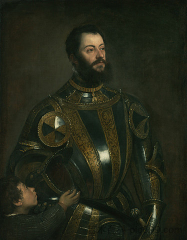 阿方索·达瓦洛斯的肖像，穿着带有页面的盔甲 Portrait of Alfonso d`Avalos , in Armor with a Page (c.1533)，提香·韦切利奥