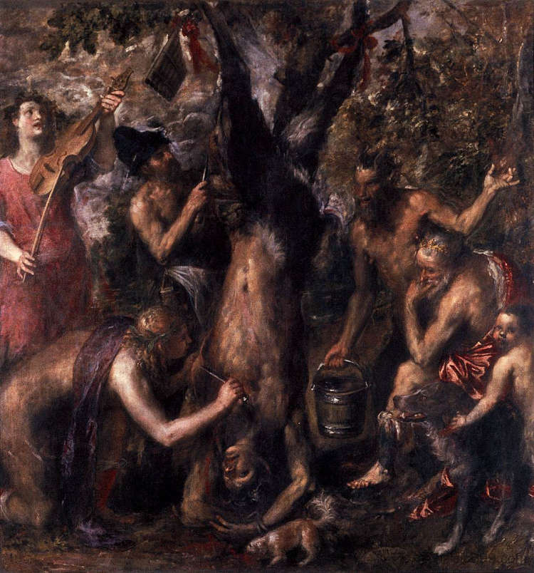 马西亚斯的狂杀 The Flaying of Marsyas (1576)，提香·韦切利奥