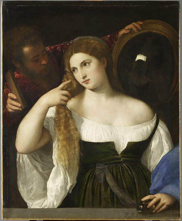 拿镜子的女人 Woman with a Mirror (1515)，提香·韦切利奥