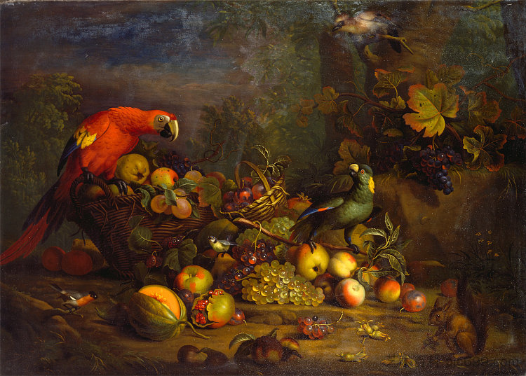 鹦鹉和水果与其他鸟类和松鼠 Parrots and Fruit with Other Birds and a Squirrel (c.1724),托比亚斯·斯特兰诺弗