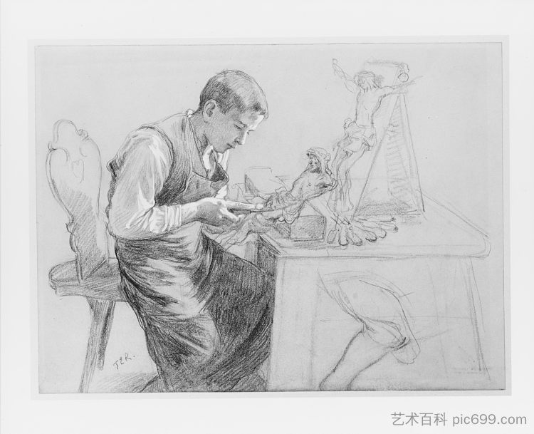 一个男孩雕刻十字架的研究 Study of a Boy Carving a Crucifix，托比·爱德华·罗森塔尔