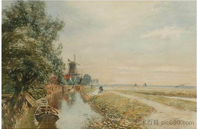 运河场景与风密尔 Canal scene with windmil (1906)，汤姆·斯科特