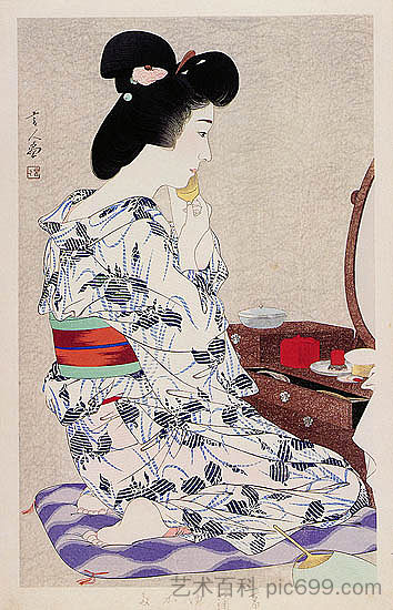 在轻盈的夏日和服与鸢尾花 In a Light Summer Kimono with Irises (1933)，鸟居言人